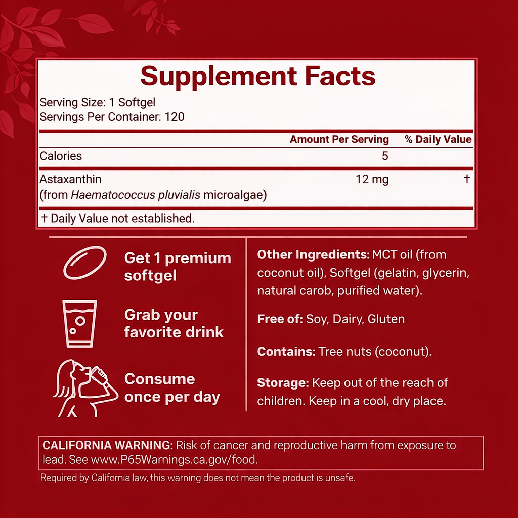 Astaxanthin - 12 mg Softgels, Fresh Microalgae Source, Easy to Swallow