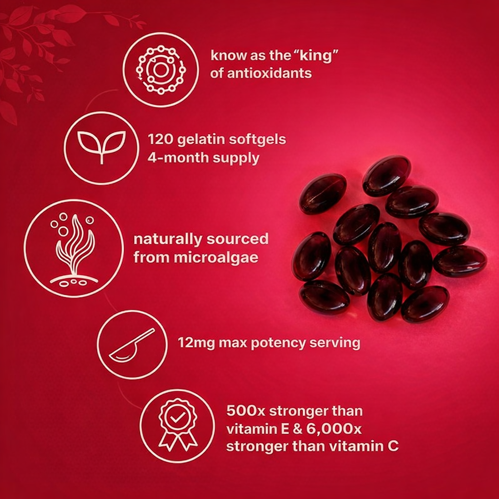 Astaxanthin - 12 mg Softgels, Fresh Microalgae Source, Easy to Swallow